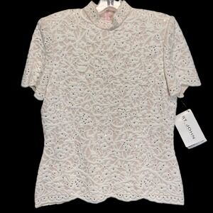 St John Evening Short Sleeve Top Womens 4 Floral Pink White Sequins NWT